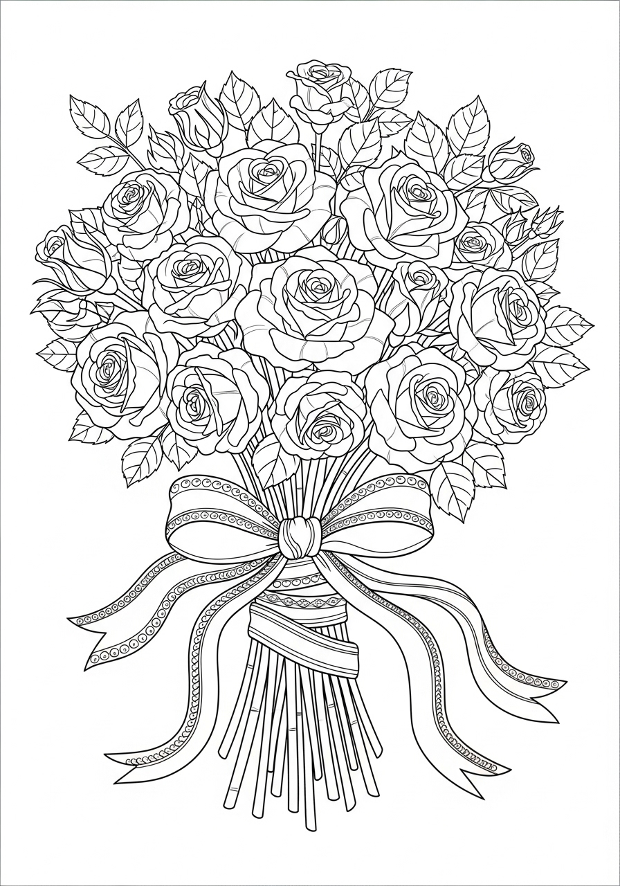 Desenho do buquê de rosas com laço para imprimir e colorir