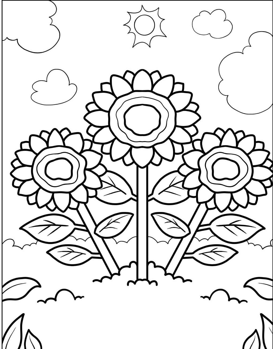 Desenho de girassóis com nuvens e sol para imprimir e colorir