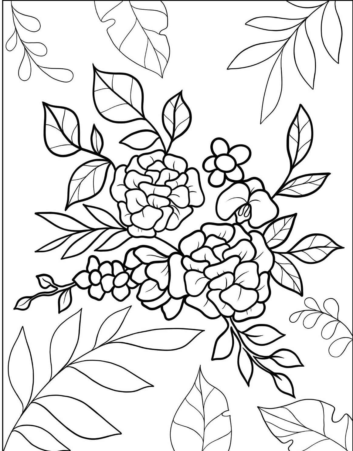 Desenho de flores e folhas para imprimir e colorir