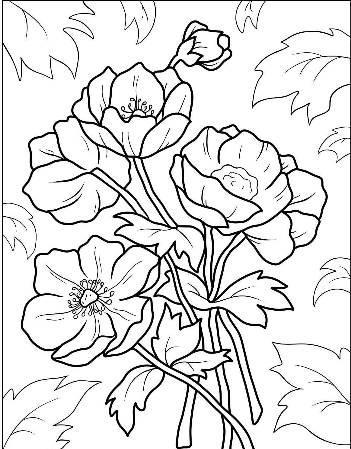Desenho de flores com folhas para imprimir e colorir