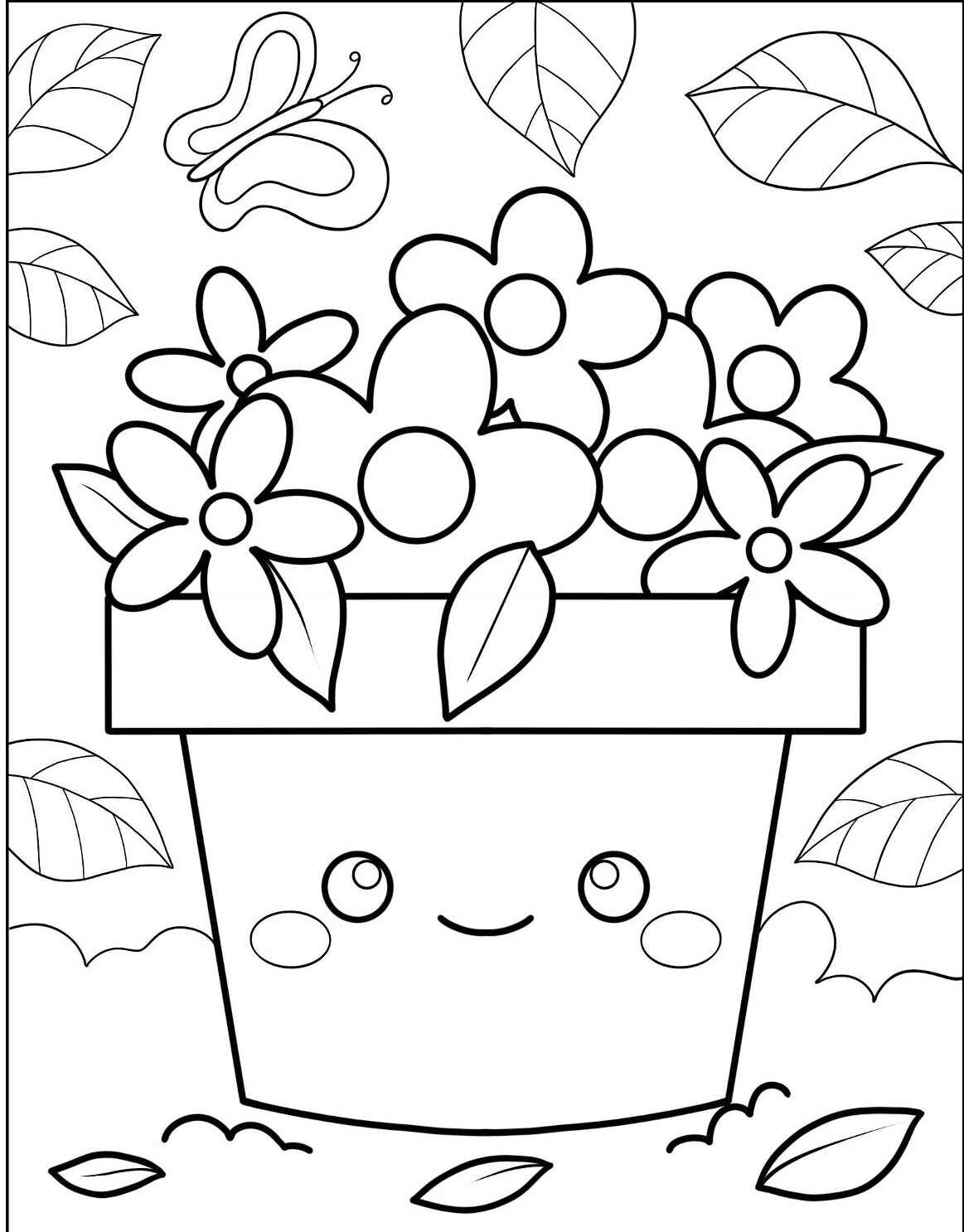 Desenho de vaso com flores e borboleta para imprimir e colorir