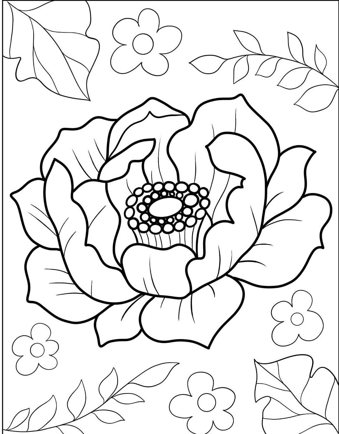 Desenho da Flor para imprimir e colorir com folhas e flores menores