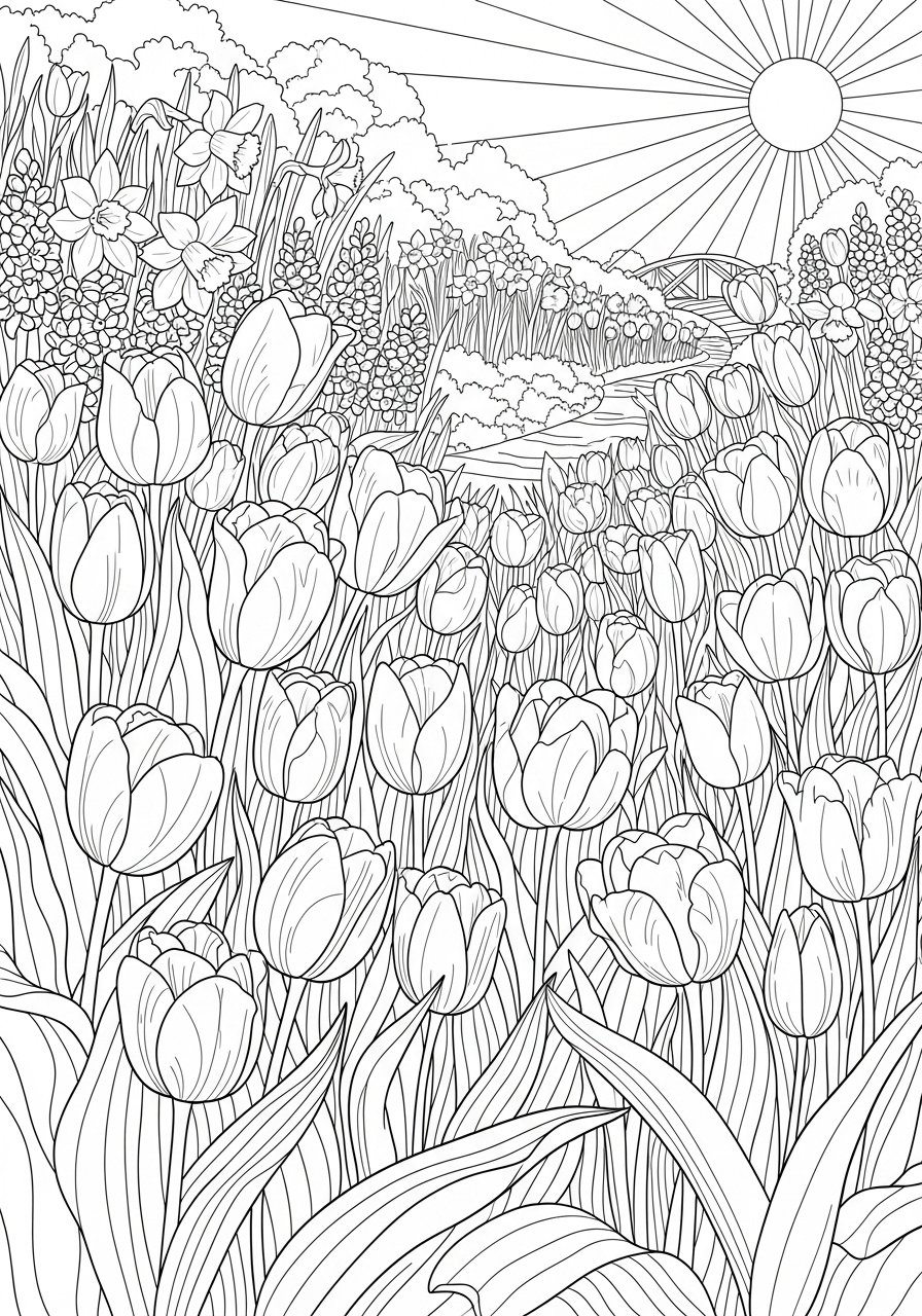 Desenho de campo de flores tulipas para imprimir e colorir