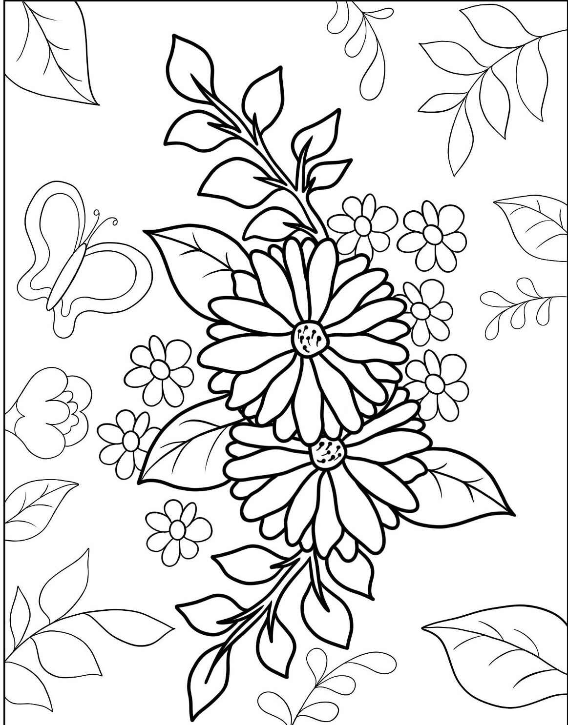 Desenho de flores e borboletas para imprimir e colorir