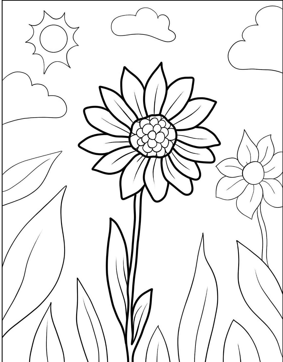 Desenho da Flor Grande com folhas e sol para colorir