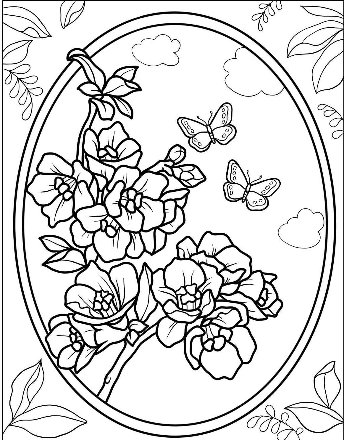 Desenho de flores com borboletas e nuvens para colorir