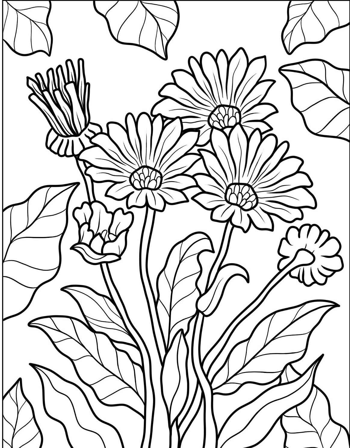 Desenho de flores variadas com folhas para imprimir e colorir