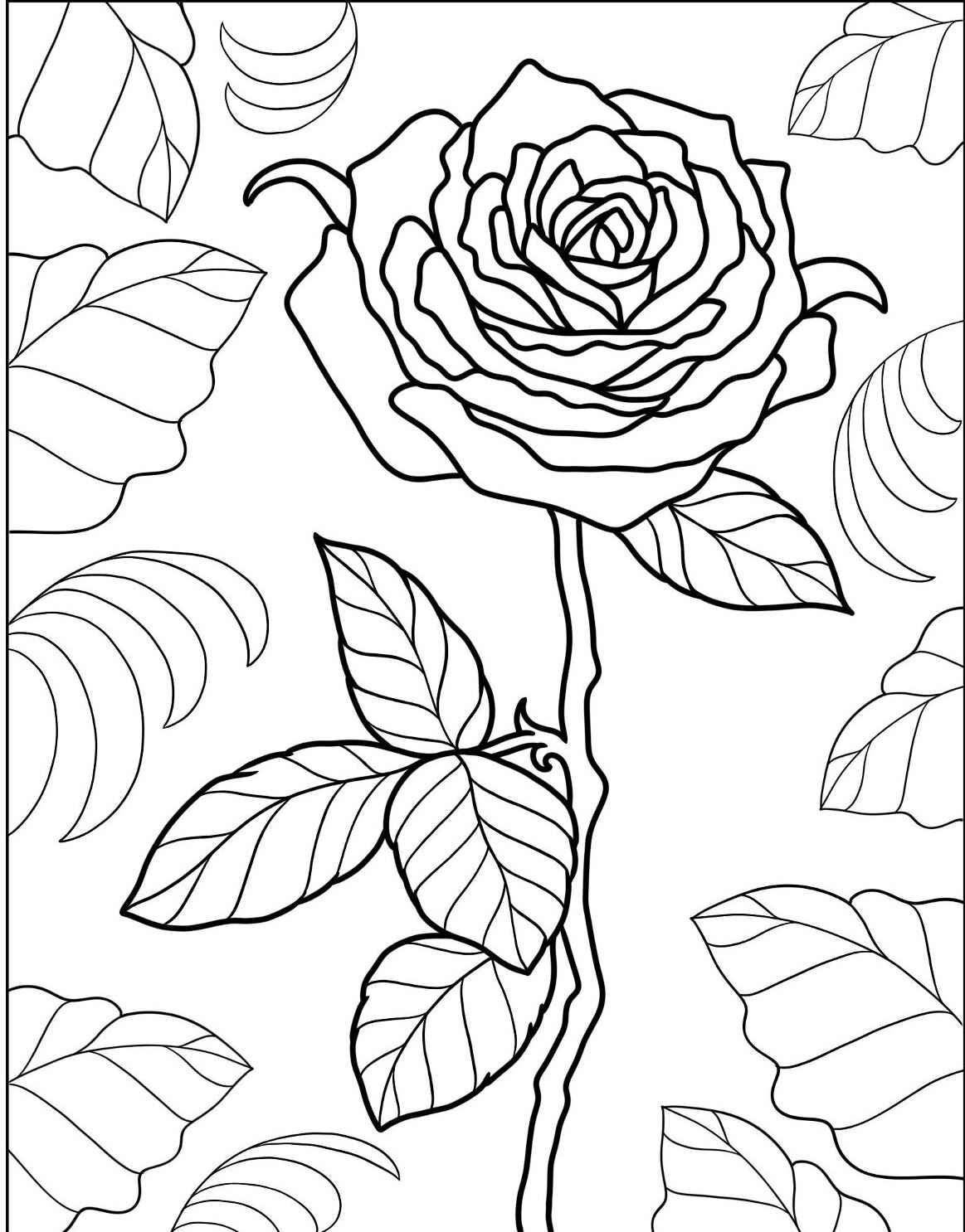 Desenho de Flor Rosa com folhas para imprimir e colorir