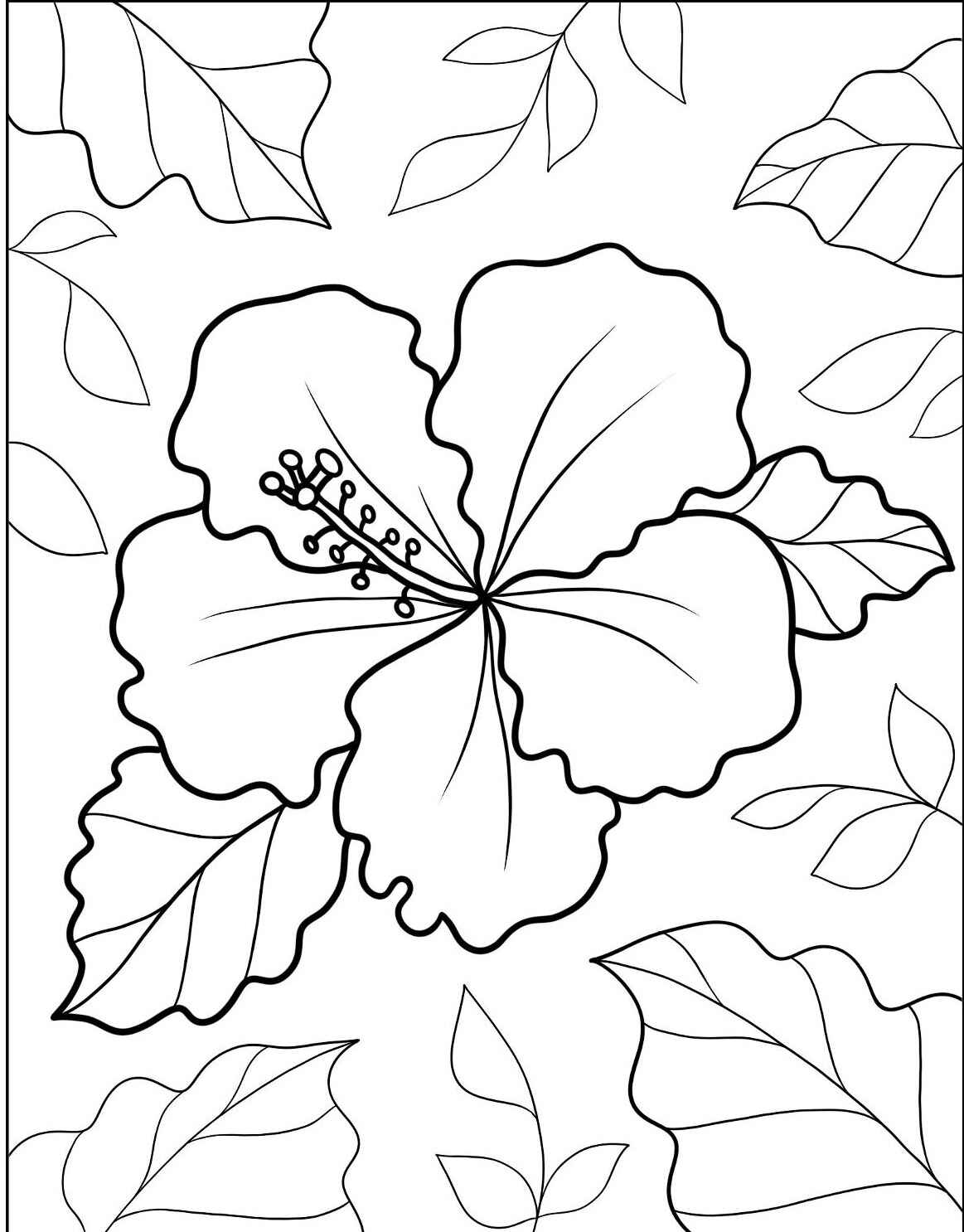 Desenho de Flor Hibisco com folhas para imprimir e colorir