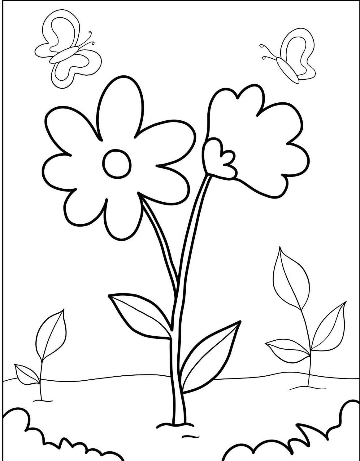 Desenho da Flor com Folhas e Borboletas para colorir