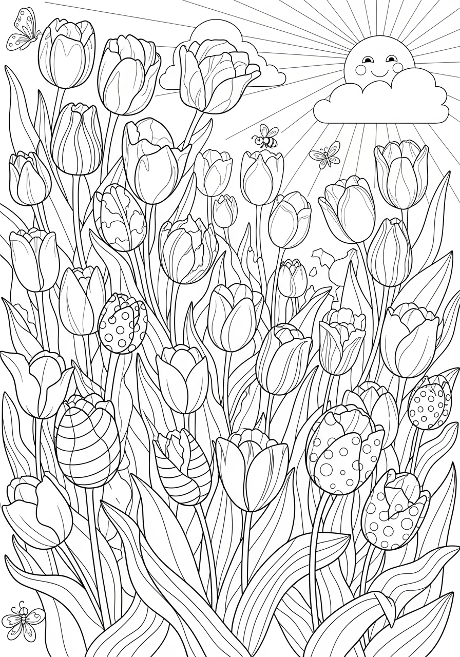 Desenho de flores com ovos de páscoa para imprimir e colorir