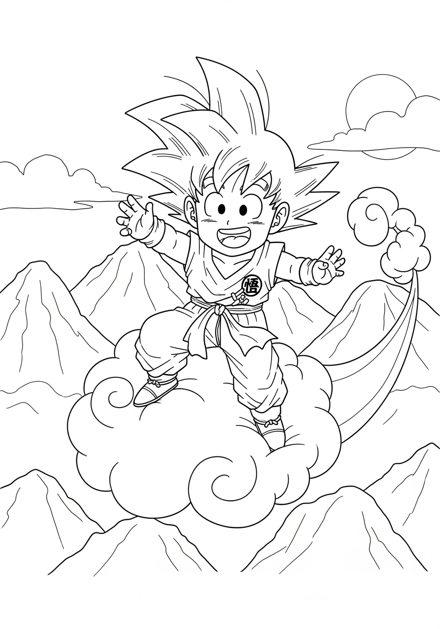 Desenho do Goku voando em uma nuvem para imprimir e colorir