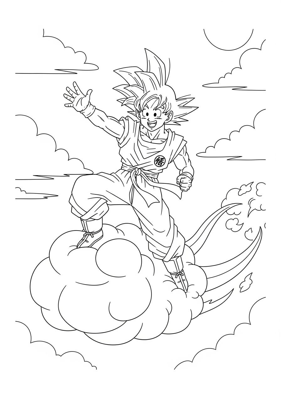 Desenho do Goku voando em uma nuvem para imprimir e colorir
