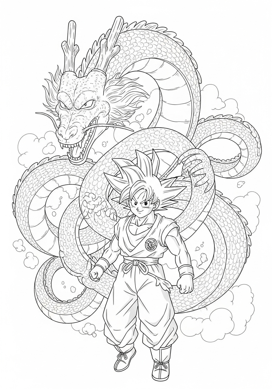 Desenho do Goku com dragão Shenlong para imprimir e colorir