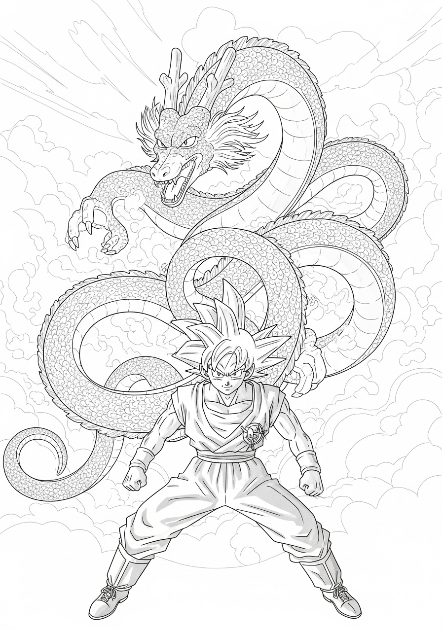 Desenho do Goku com Shenlong para imprimir e colorir