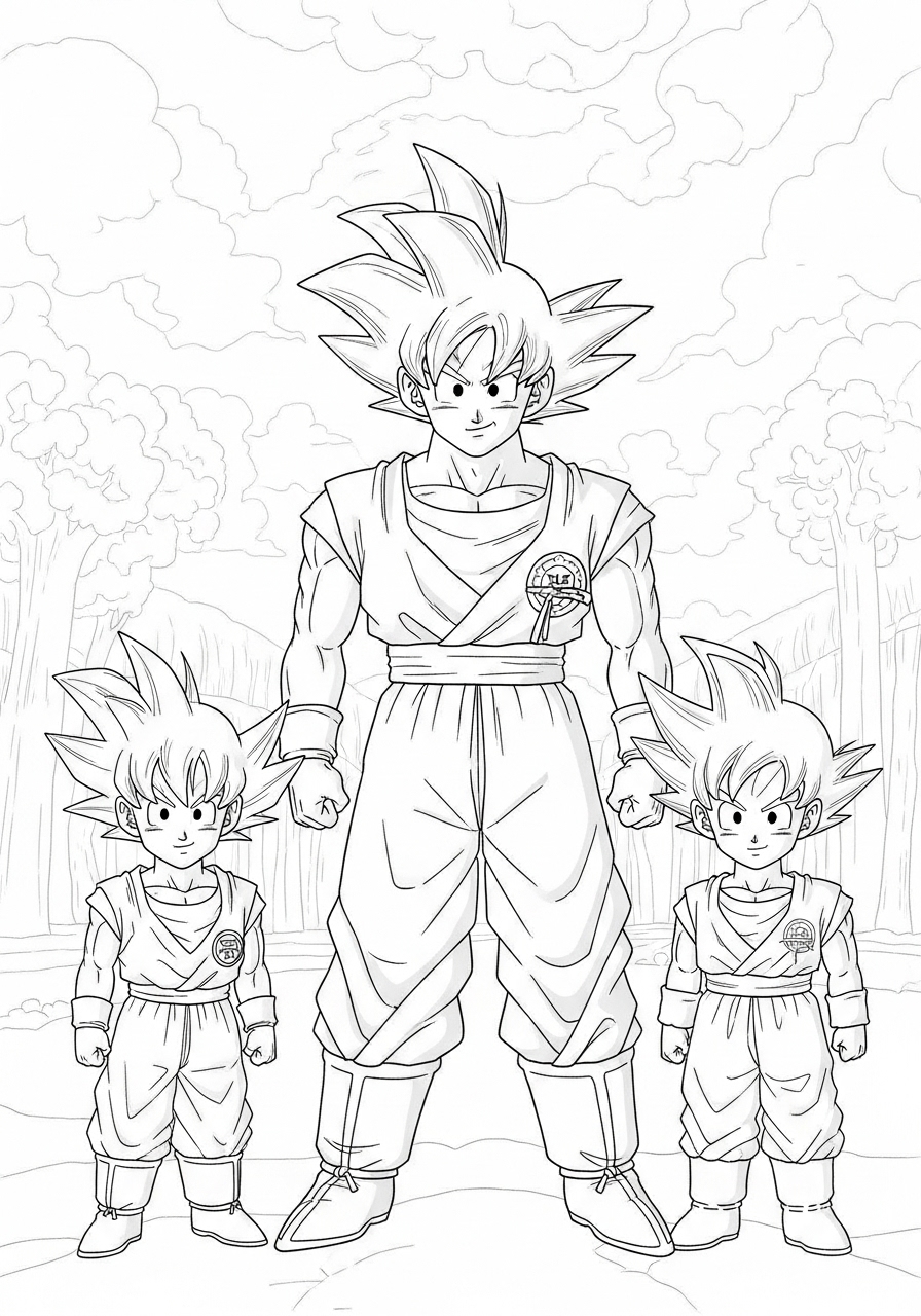 Desenho do Goku com Goten e Gohan para imprimir e colorir