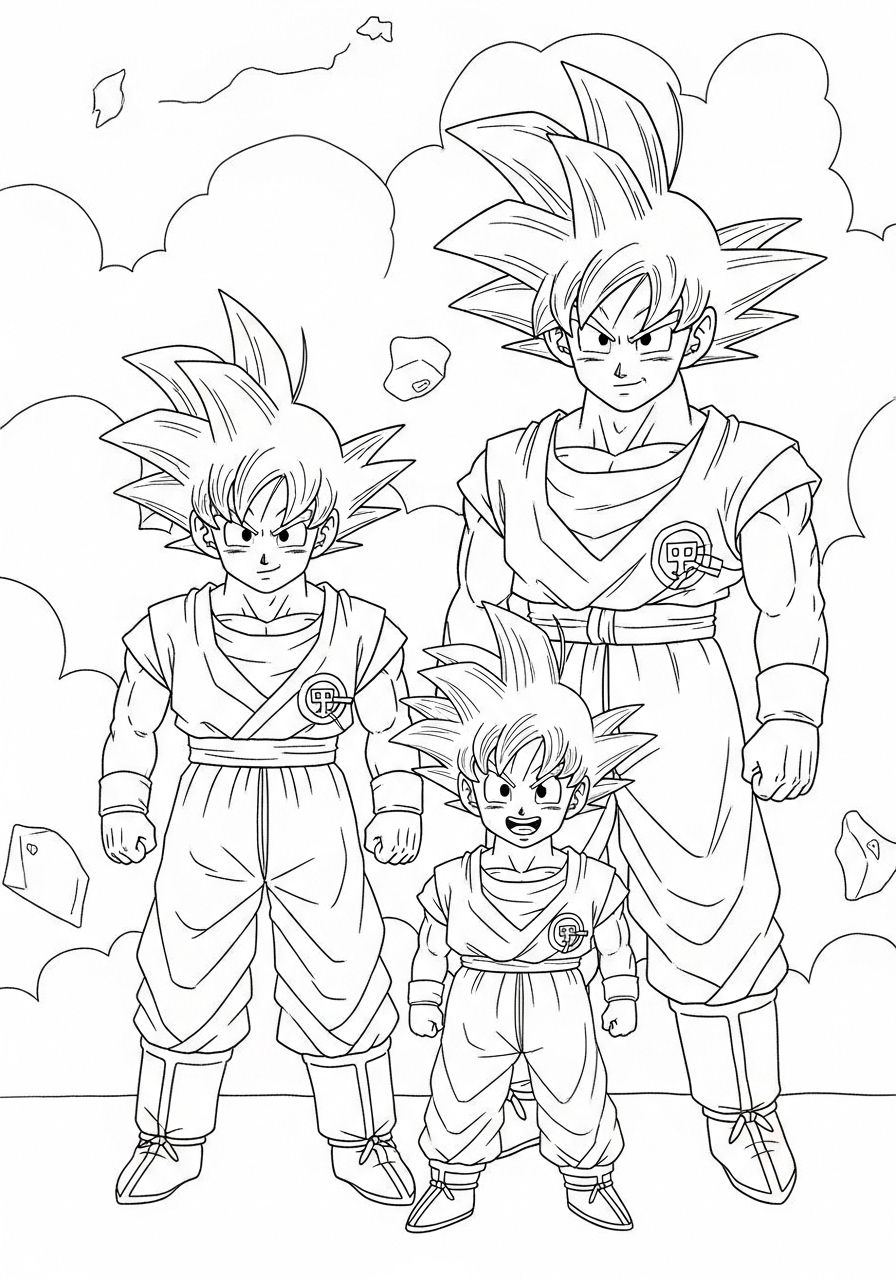 Desenho do Goku e suas versões para imprimir e colorir