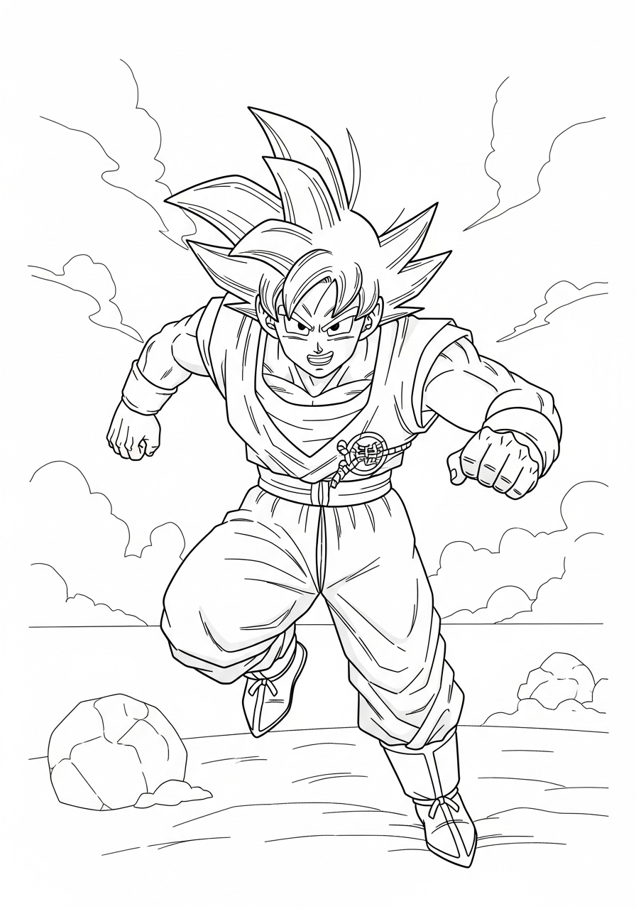 Desenho do Goku em movimento para imprimir e colorir