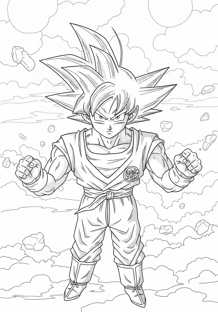 Desenho do Goku em ação de combate para colorir