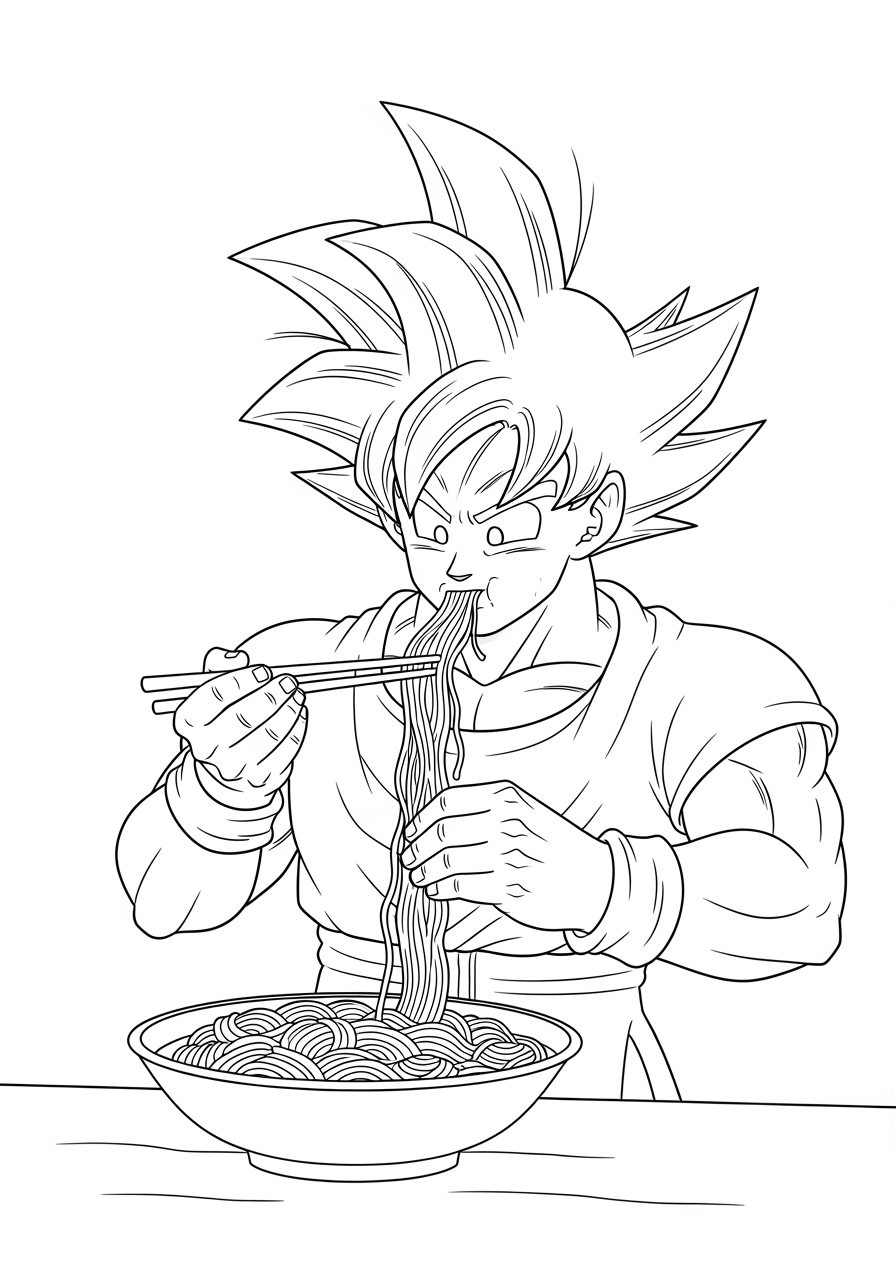 Desenho do Goku comendo macarrão para imprimir e colorir