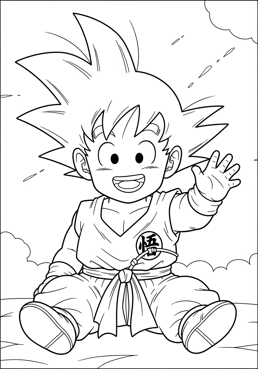 Desenho do Goku sentado e acenando para imprimir e colorir