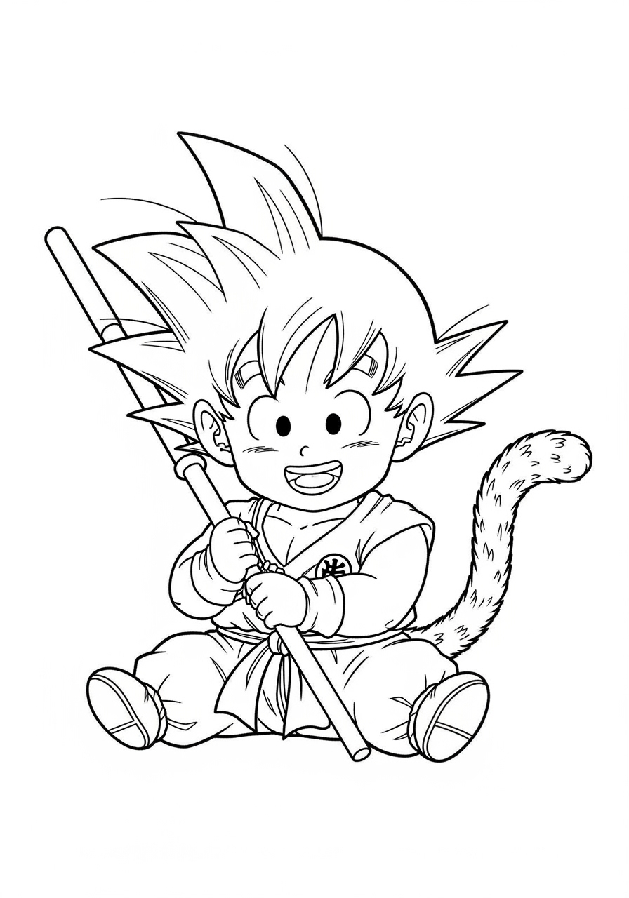 Desenho do Goku criança segurando um bastão para colorir