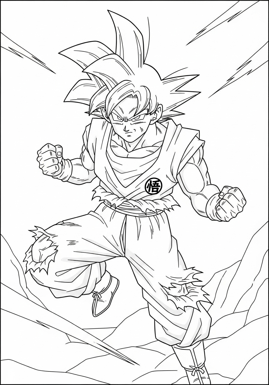 Desenho do Goku em posição de ataque para imprimir e colorir