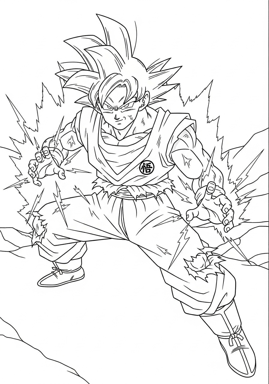 Desenho do Goku em transformação para imprimir e colorir