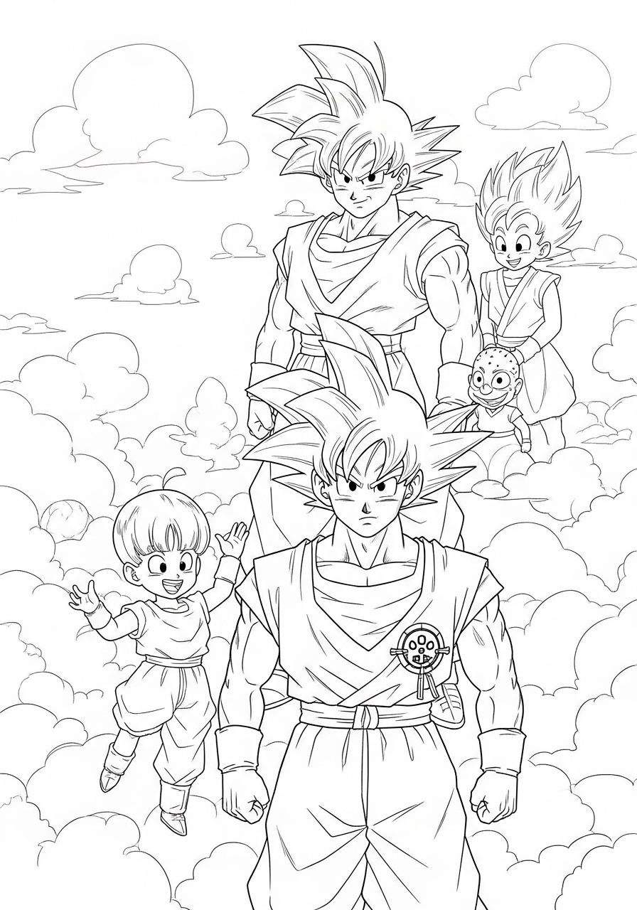 Desenho do Goku e aliados em nuvens para imprimir e colorir