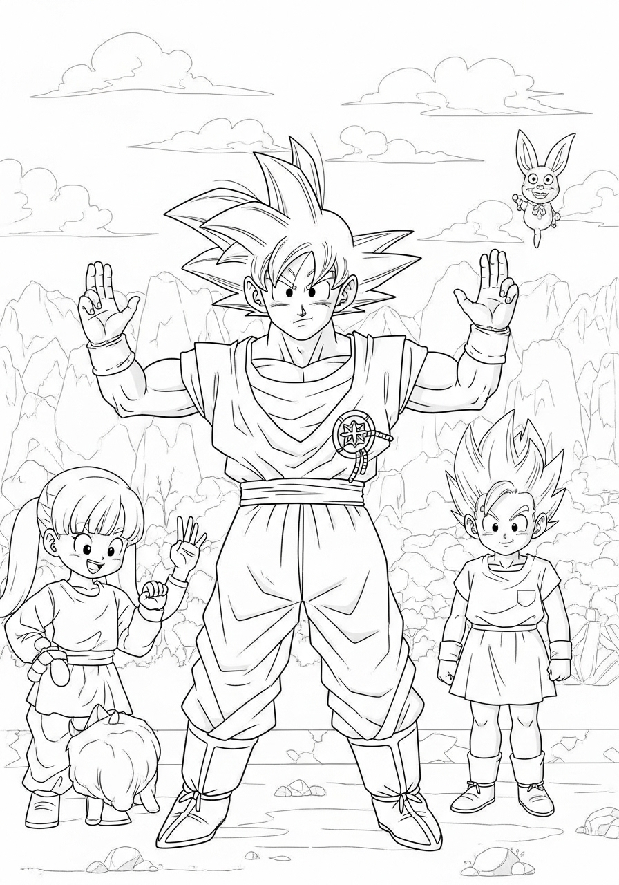 Desenho do Goku com amigos em cenário para imprimir e colorir