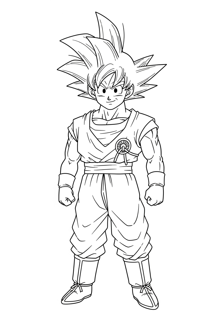 Desenho do Goku em pé com expressão confiante para colorir
