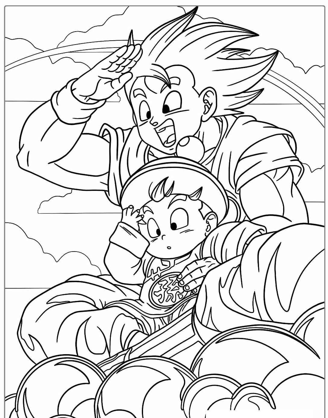 Desenho do Goku com Goten em nuvens para imprimir e colorir