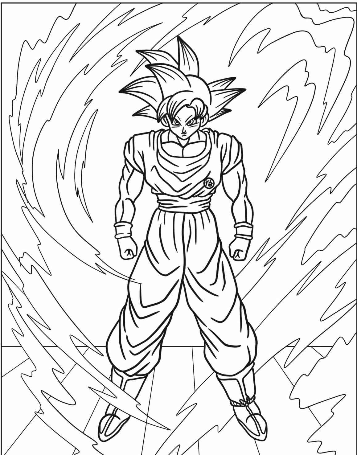 Desenho do Goku emanando energia para imprimir e colorir