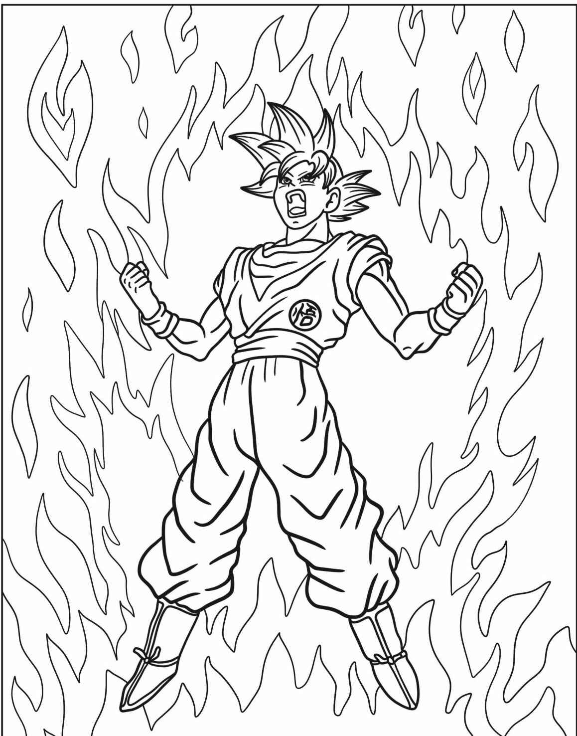 Desenho do Goku em transformação cercado por chamas para colorir