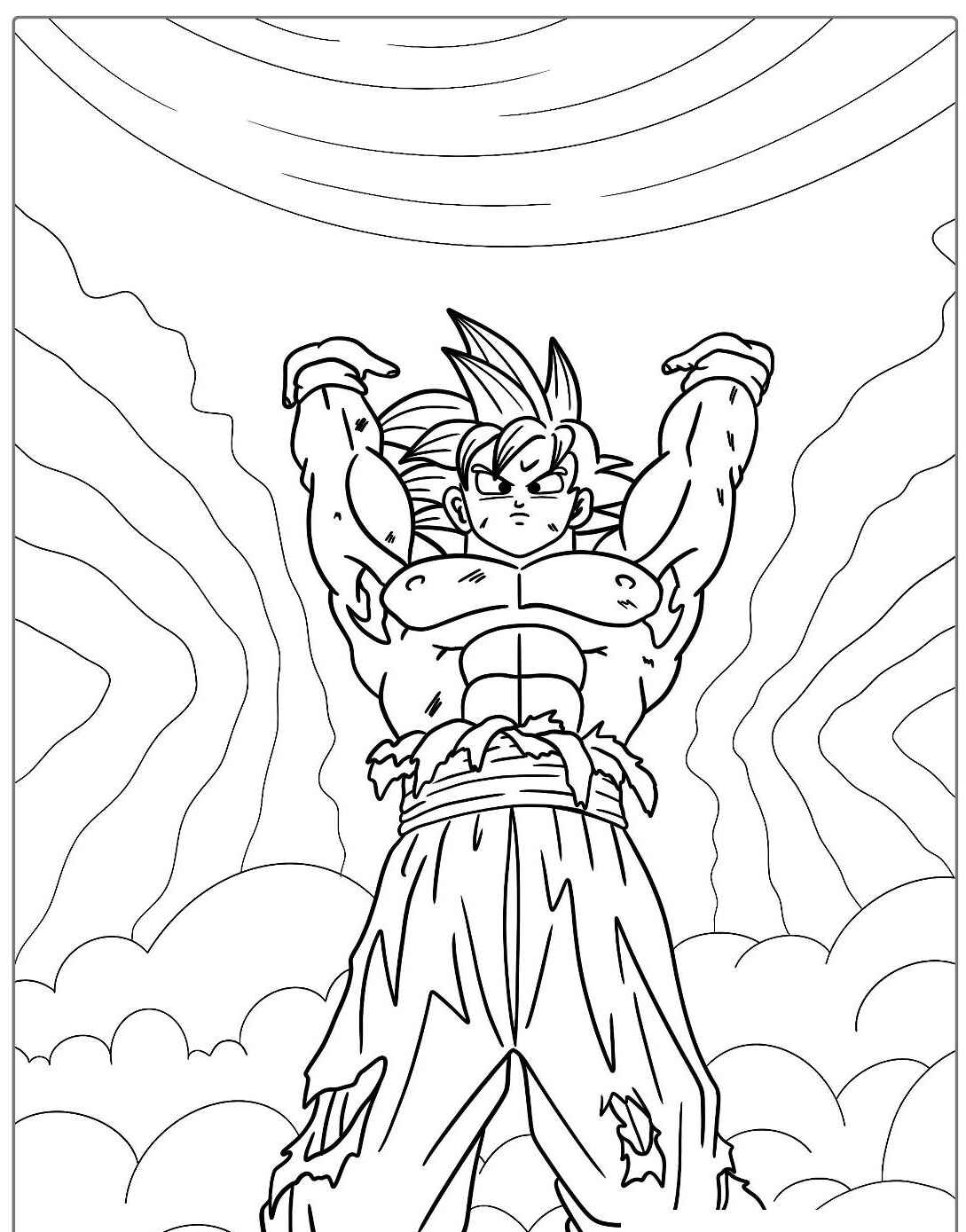 Desenho do Goku em pose de transformação para colorir