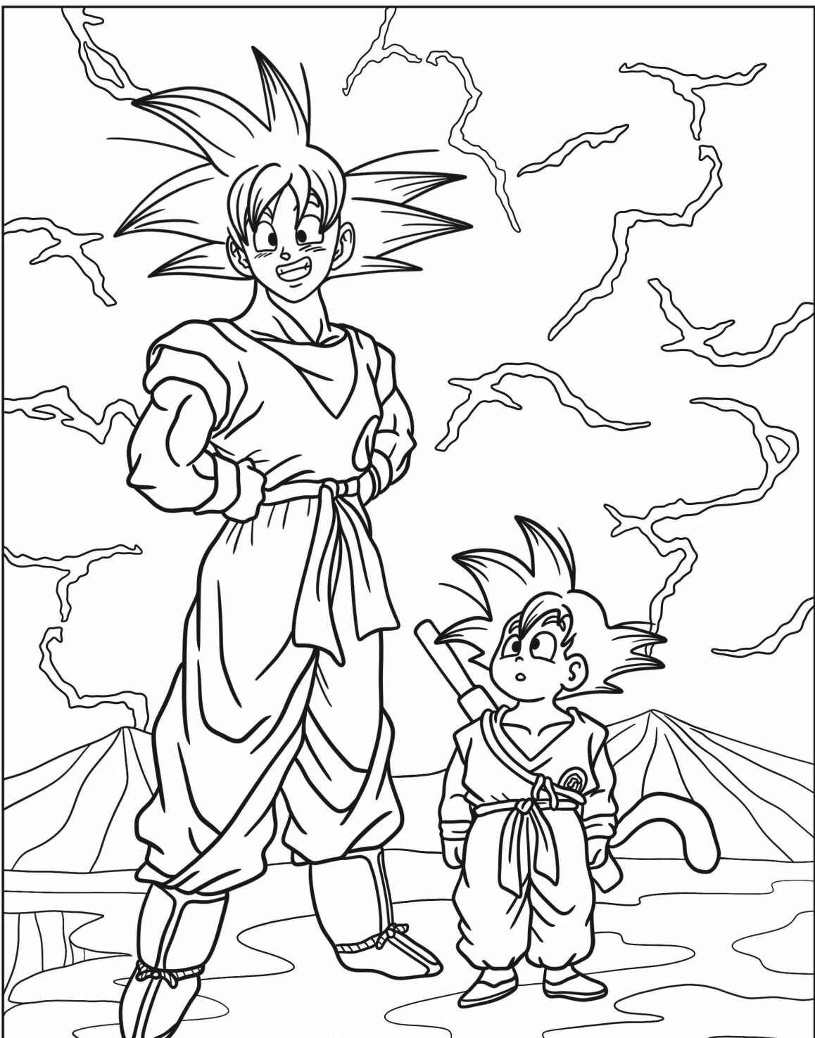 Desenho do Goku com Goten em cenário para imprimir e colorir