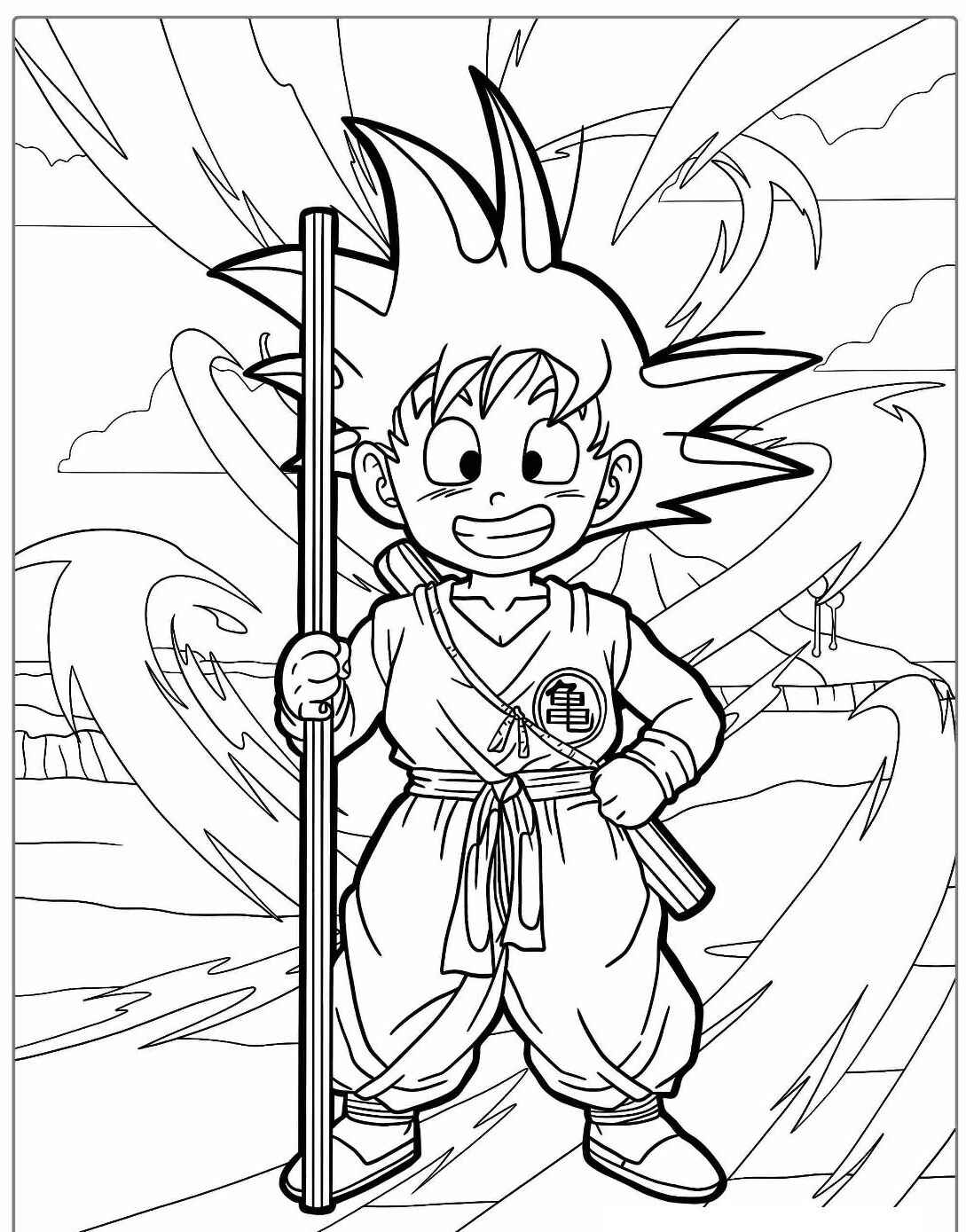 Desenho do Goku com bastão e cabelo arrepiado para colorir