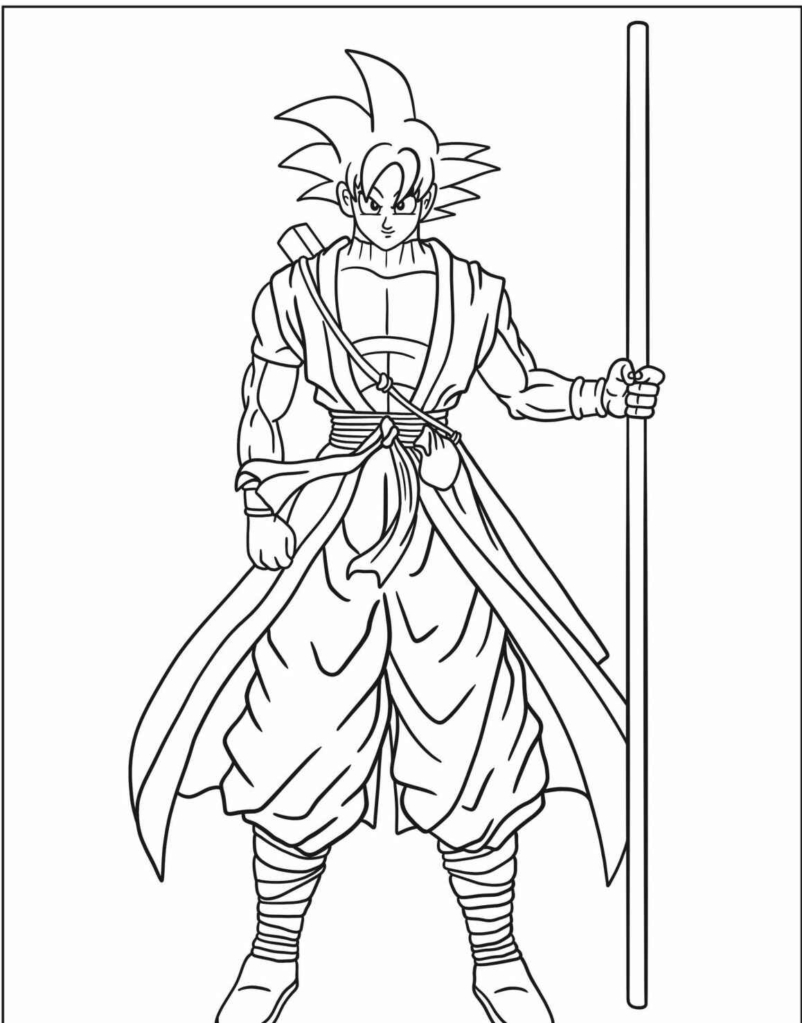 Desenho do Goku com bastão para imprimir e colorir