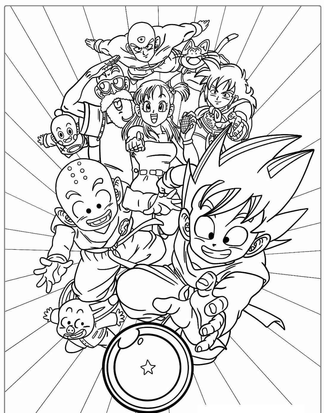 Desenho do Goku com amigos e bola do dragão para colorir