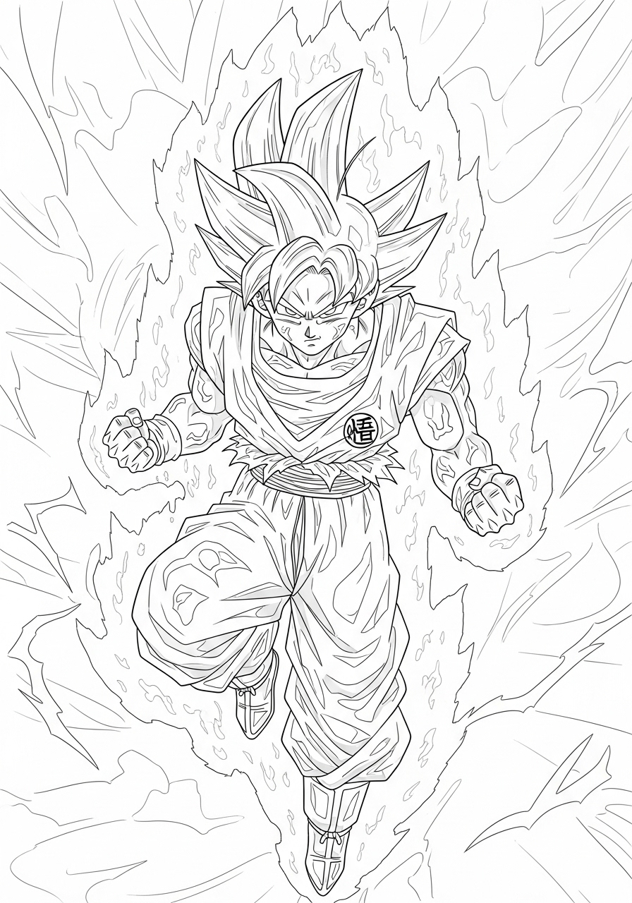 Desenho do Goku em transformação para imprimir e colorir