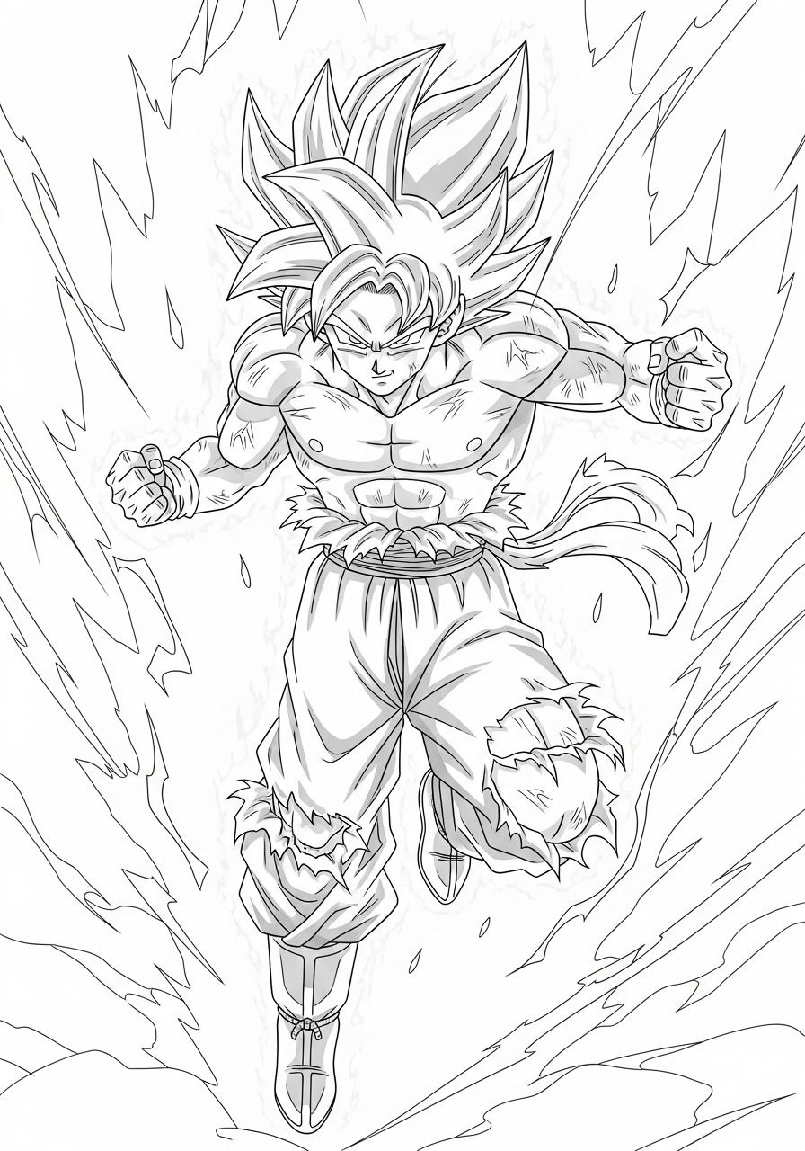 Desenho do Goku em transformação para imprimir e colorir