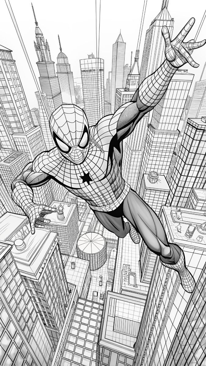 Desenhos do Homem Aranha: Homem Aranha voando entre prédios