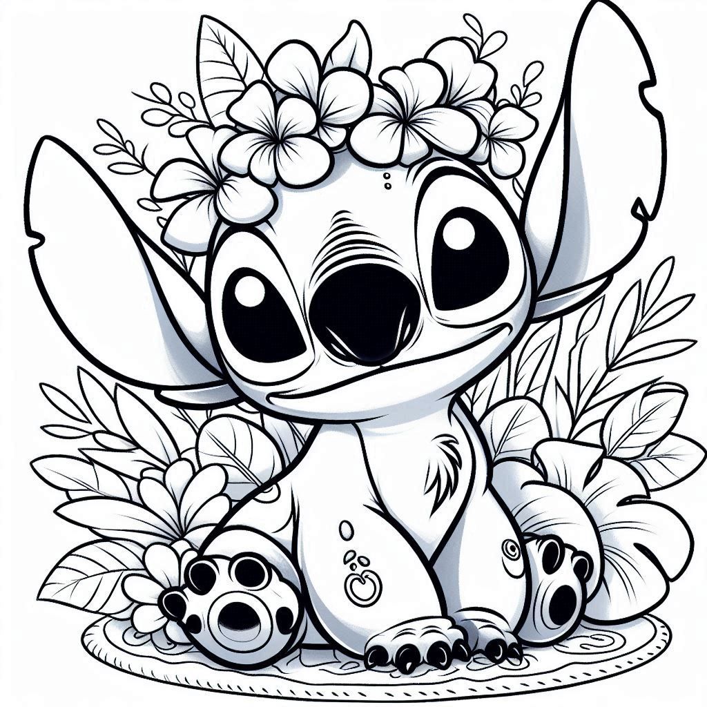 Desenhos do Stitch: Stitch fofo com flores para desenhar