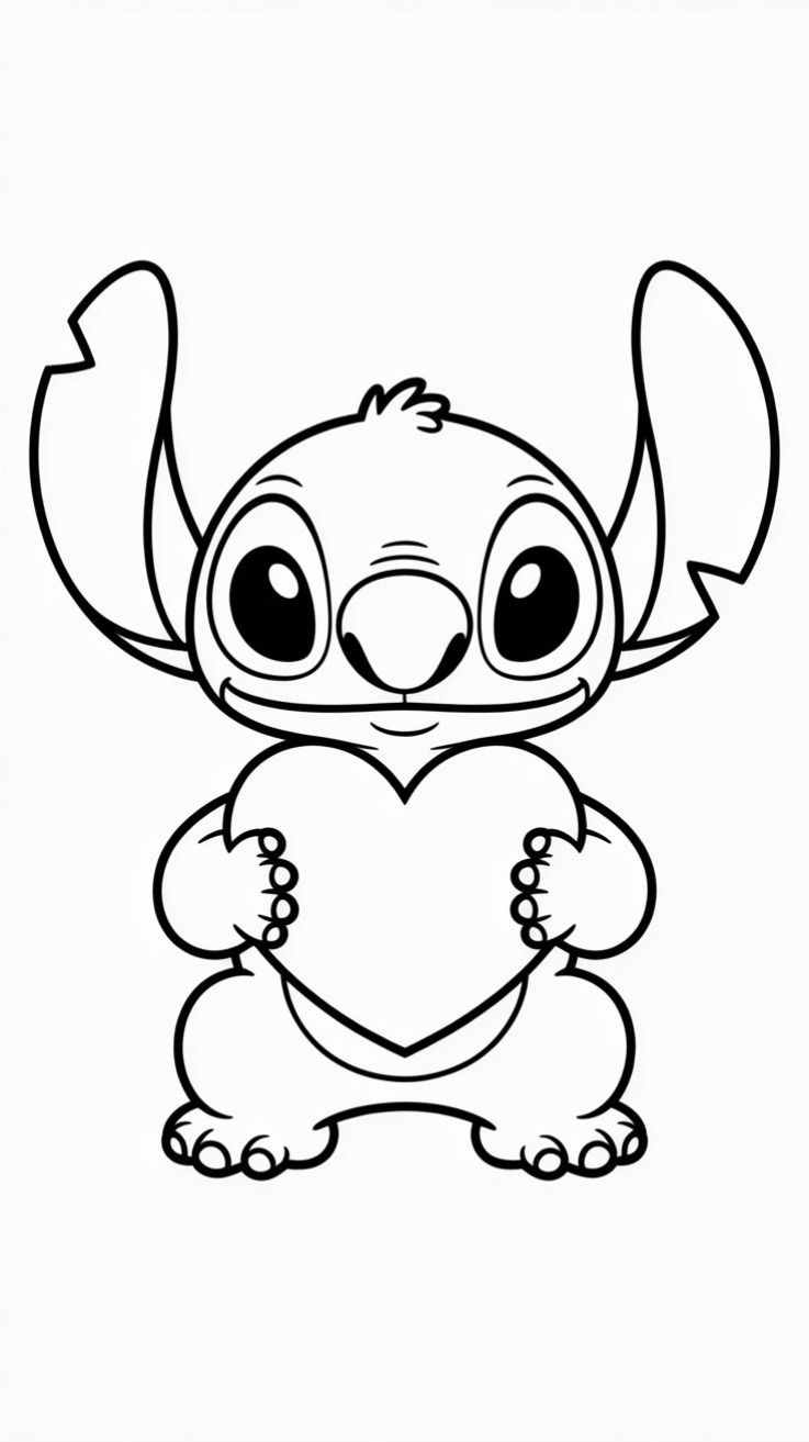Desenhos do Stitch: Stitch fofo segurando um coração para desenhar