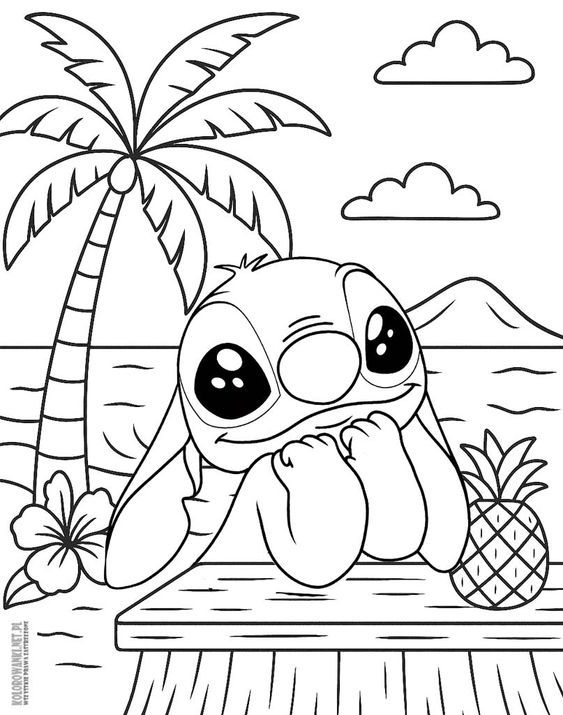 Desenhos do Stitch: Stitch fofo em cenário tropical para desenhar