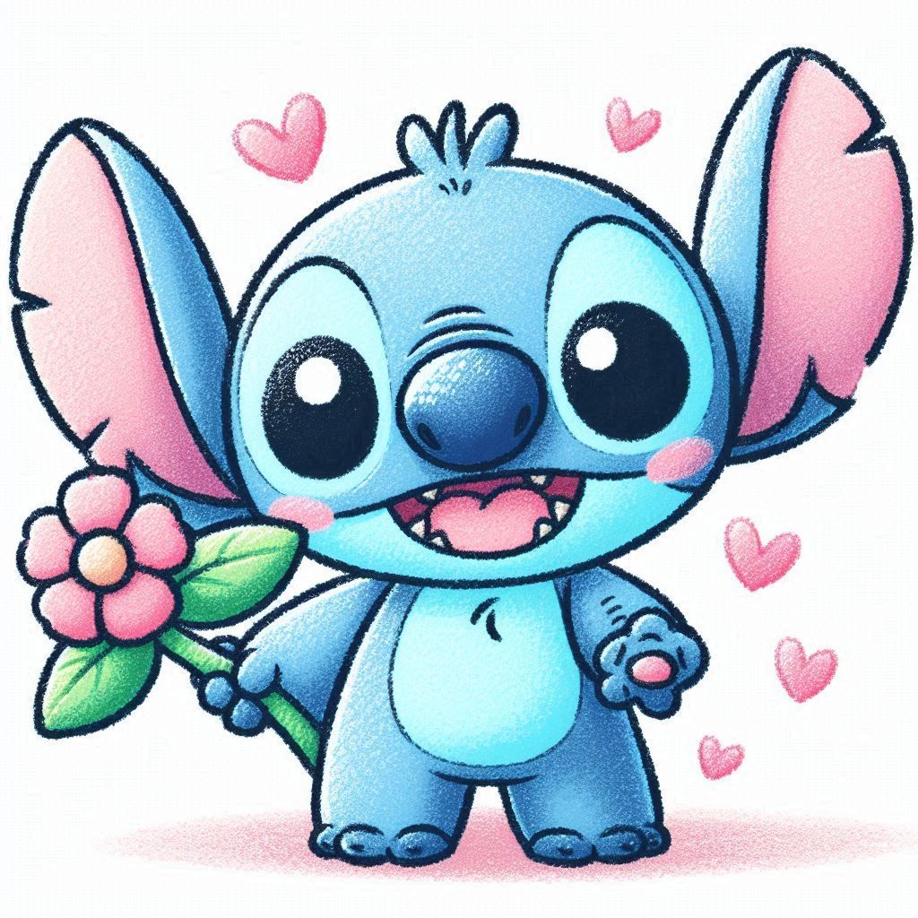 Desenhos do Stitch: Stitch segurando flor com corações para desenhar