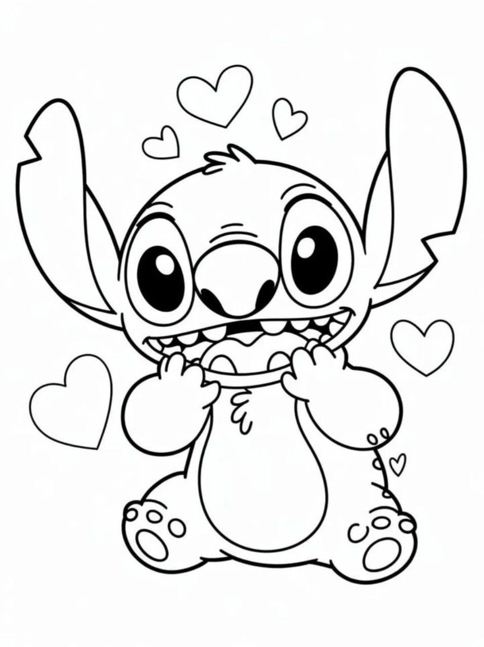 Desenhos do Stitch: Stitch feliz com corações para desenhar