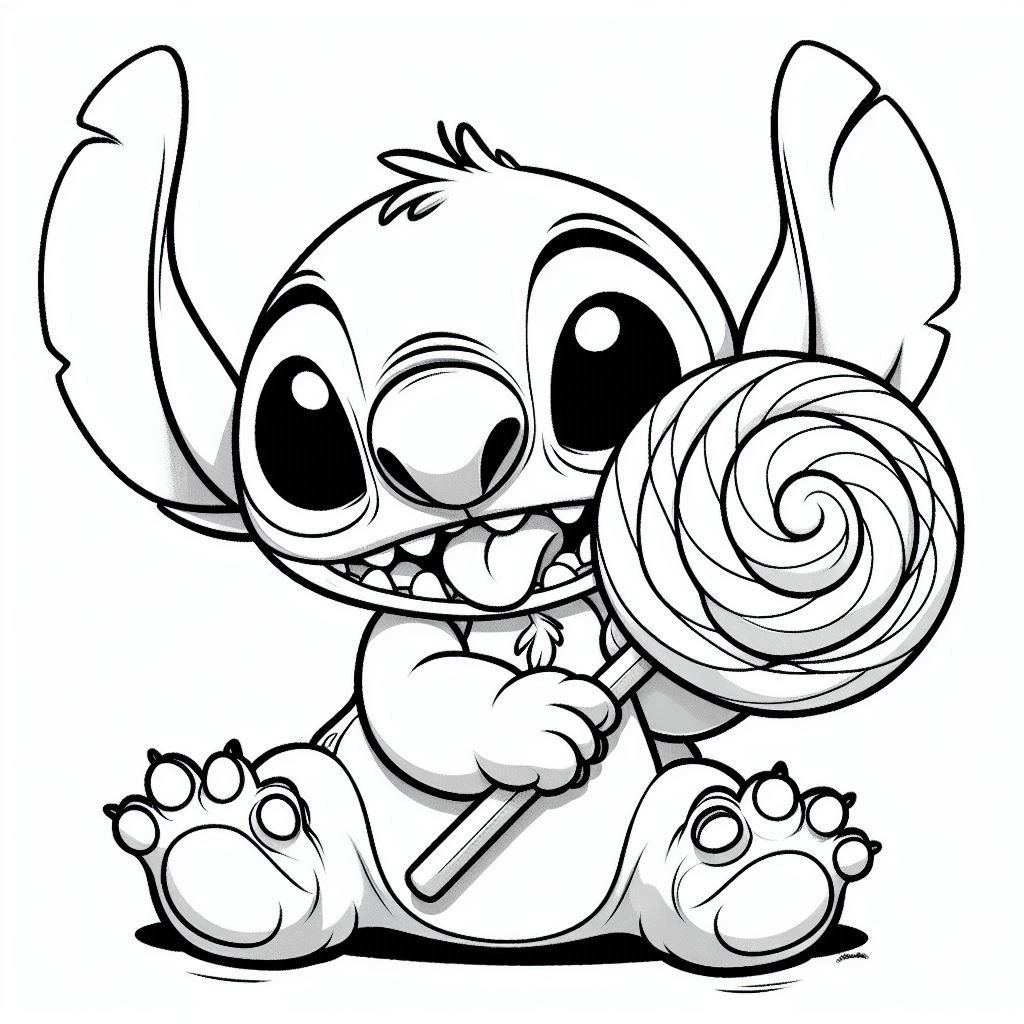 Desenhos do Stitch: Stitch fofo segurando um pirulito para desenhar