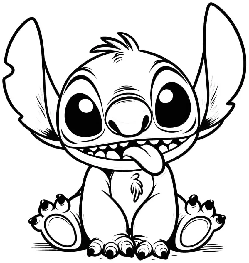 Desenhos do Stitch: Stitch fofo sentado com língua de fora