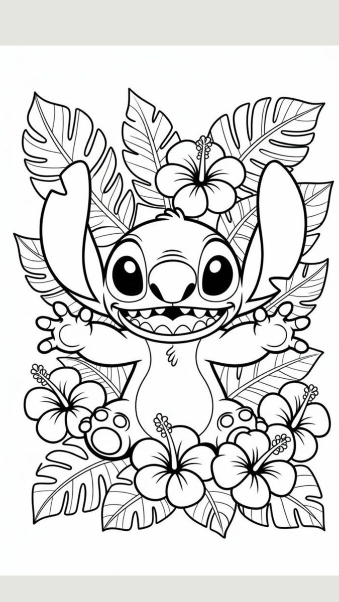 Desenhos do Stitch personagem feliz entre flores e folhas